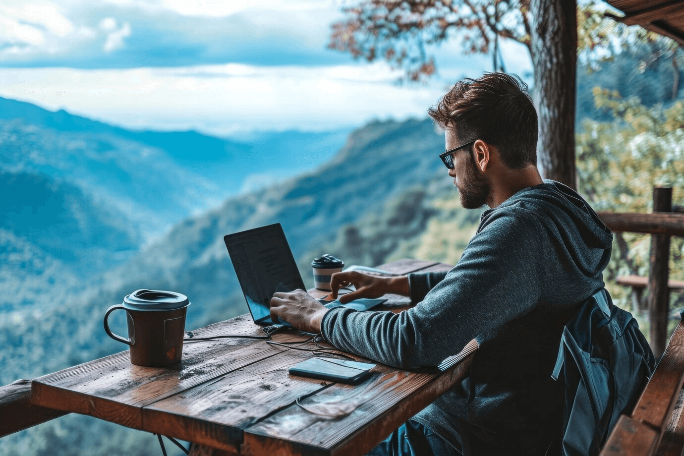 Person working on laptop in mountains